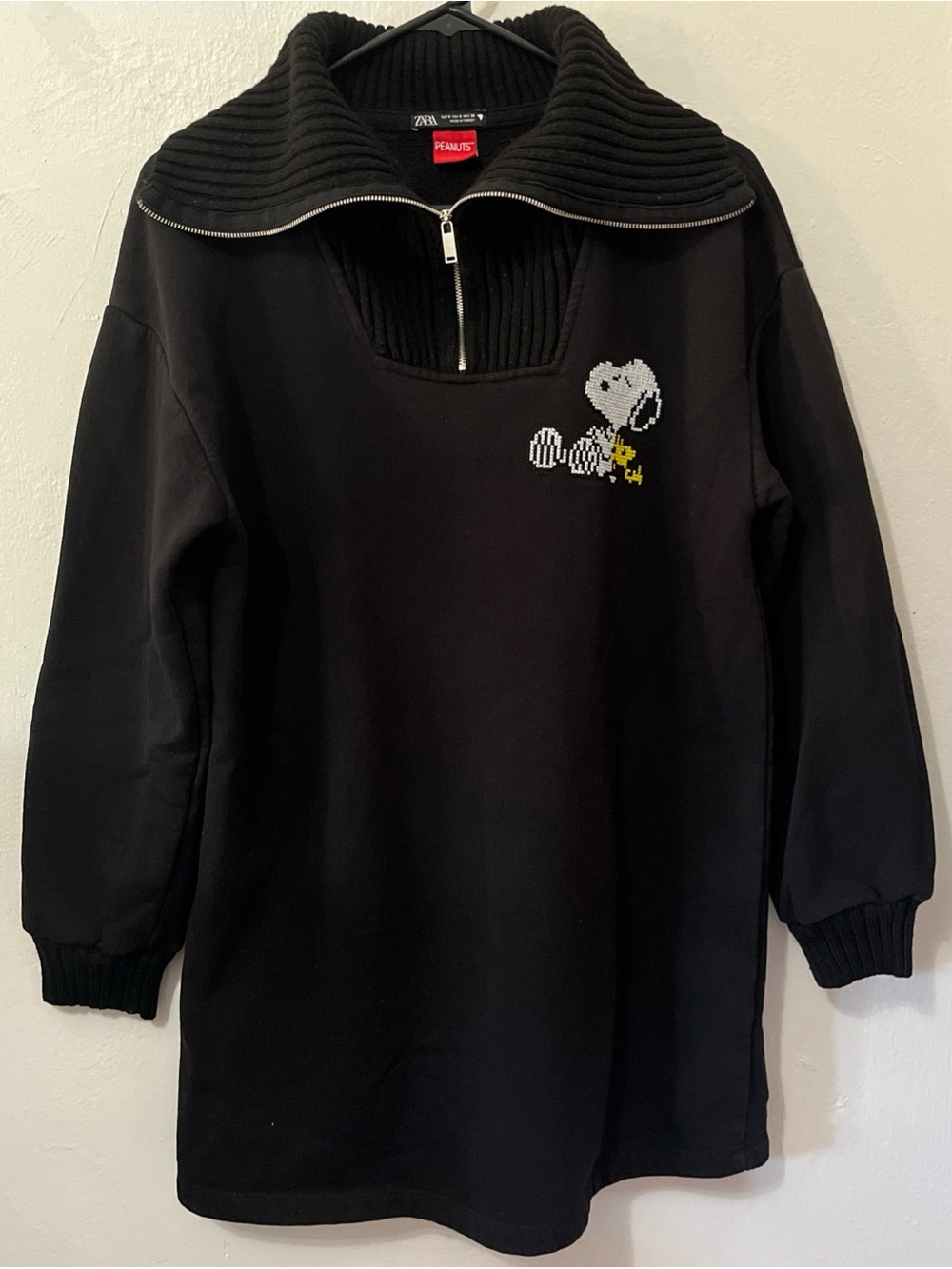 Zara X Peanuts Snoopy Womens Tunic Quarter Zip Sweatshirt Dress Black Small